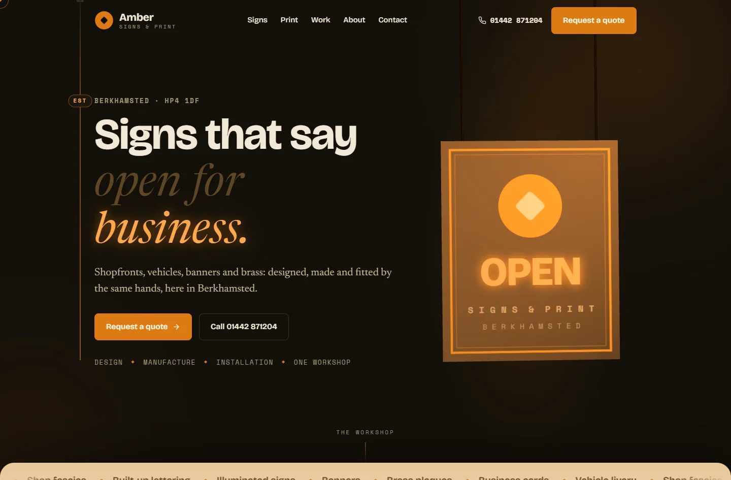 The Amber Signs website — a dark workshop scene with a glowing amber OPEN sign, for a Berkhamsted sign-maker