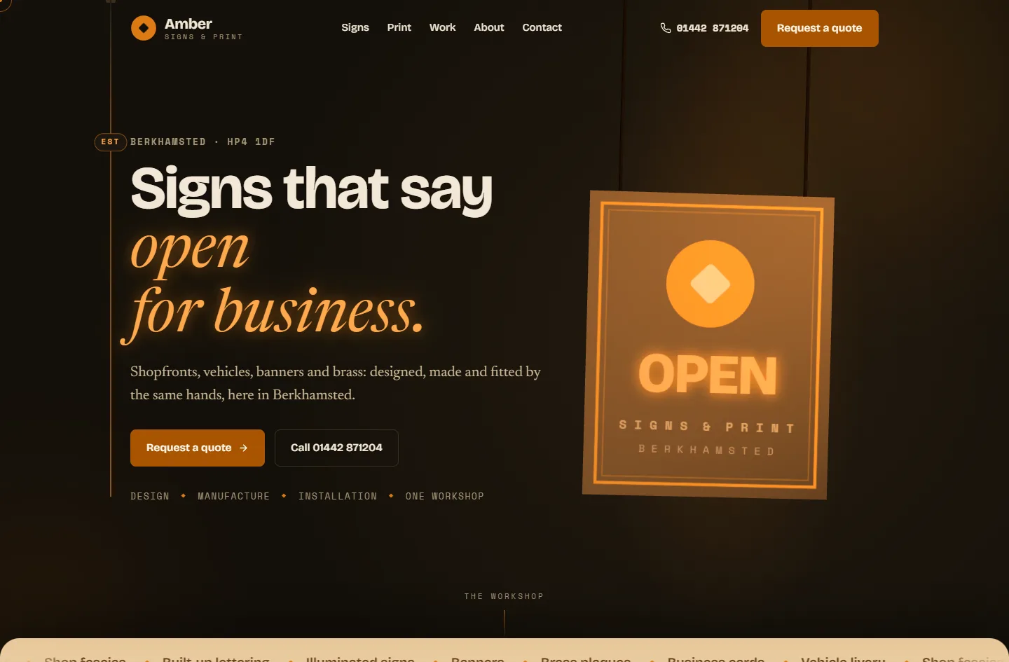 The Amber Signs website, a dark workshop scene with a glowing amber OPEN sign, for a Berkhamsted sign-maker