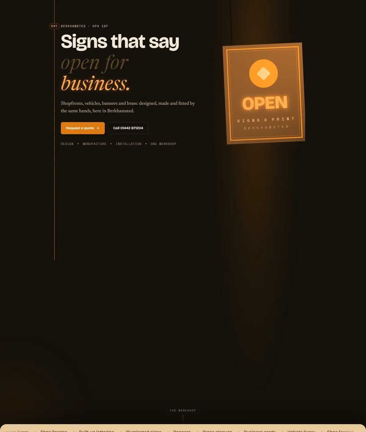 The Amber Signs website — a dark workshop scene with a glowing amber OPEN sign, for a Berkhamsted sign-maker