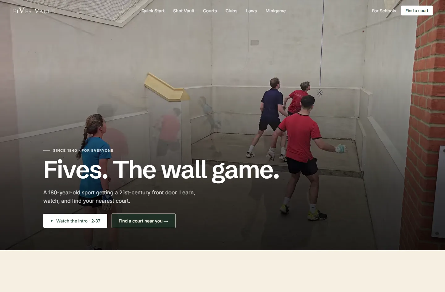 The Fives Vault homepage, a full-court video hero titled 'Fives. The wall game.'
