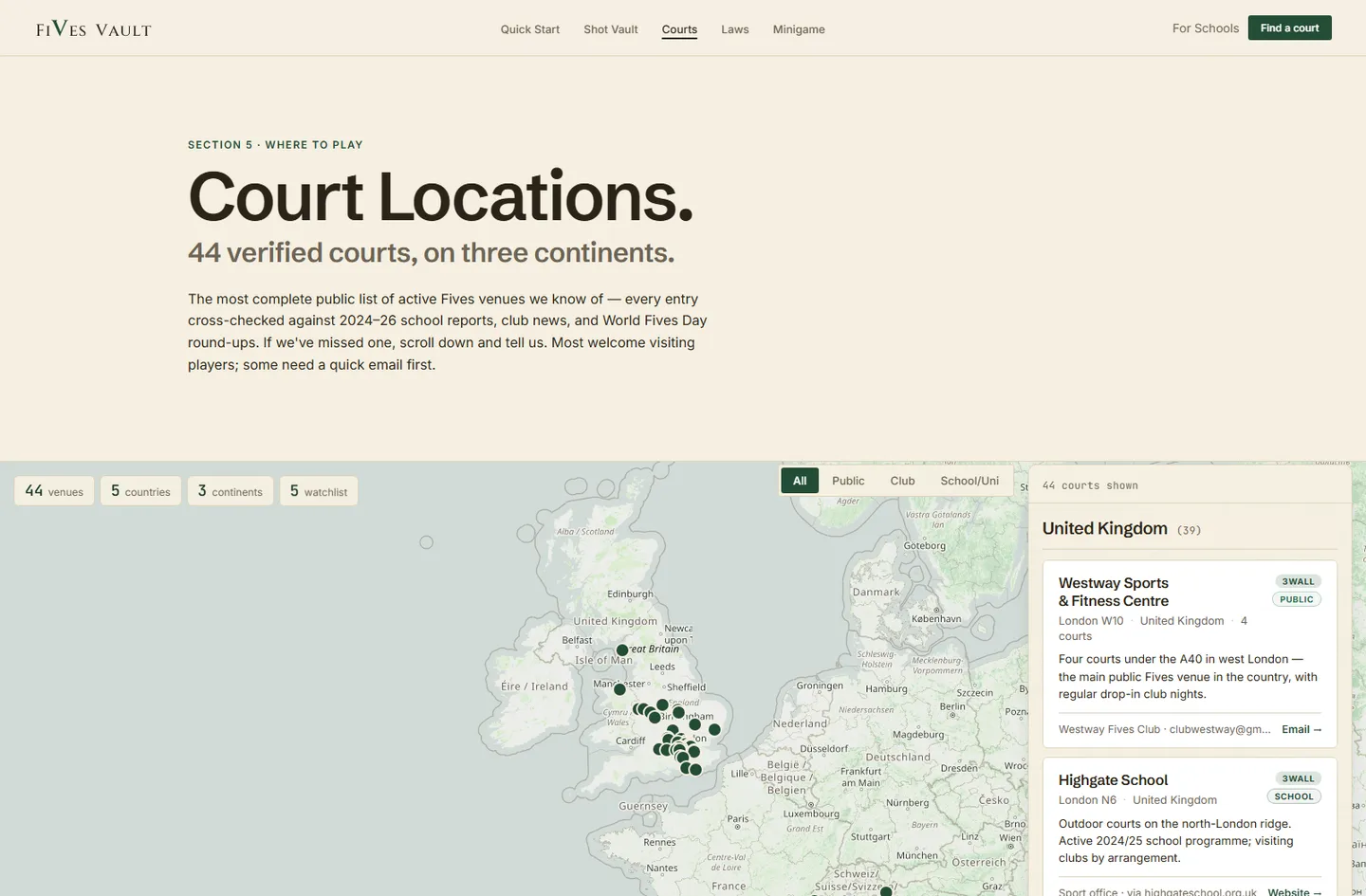 The Fives Vault courts finder — 44 courts across the UK with a 3D court viewer