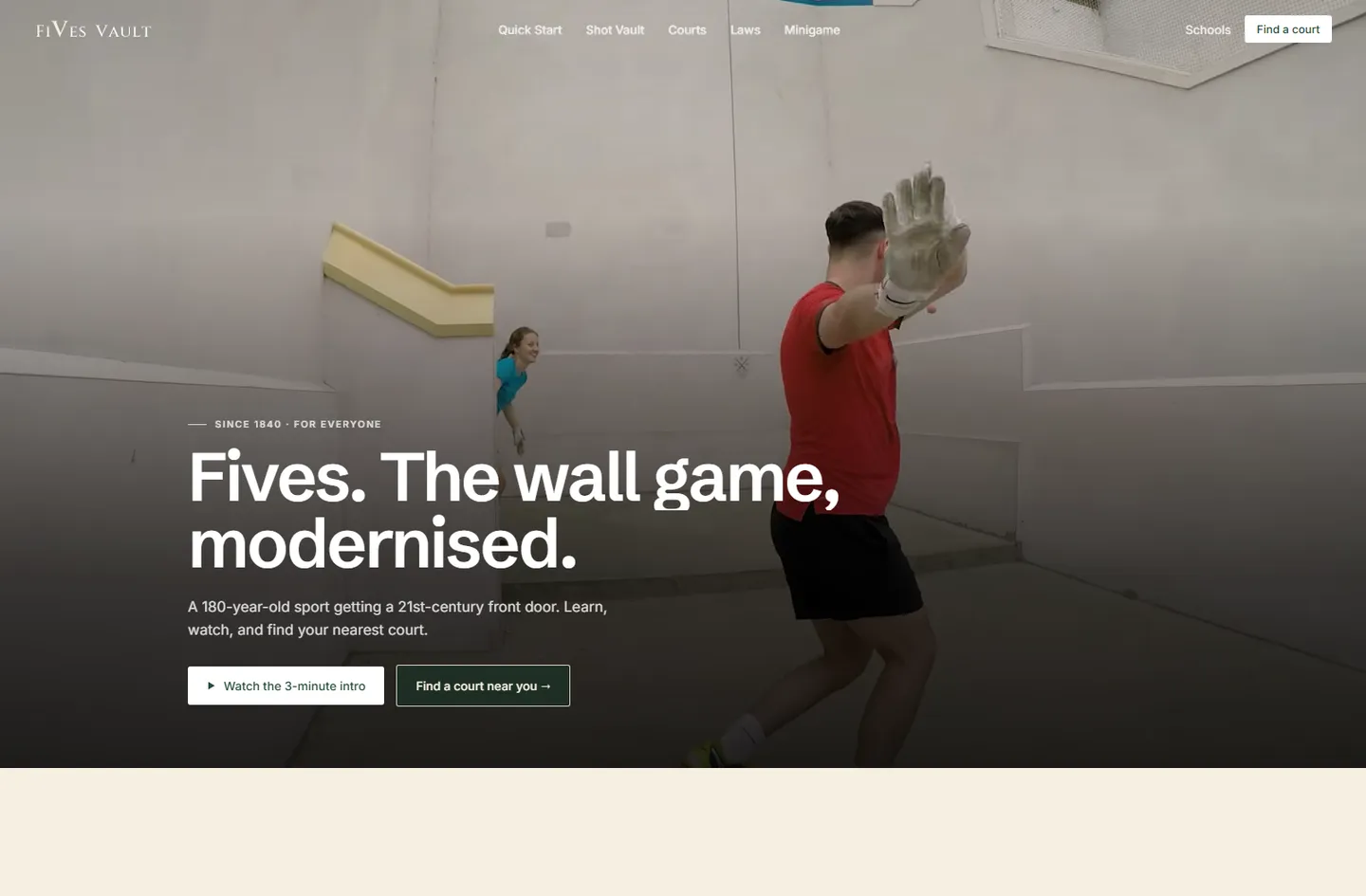 The Fives Vault homepage — a full-court video hero titled 'Fives. The wall game, modernised.'