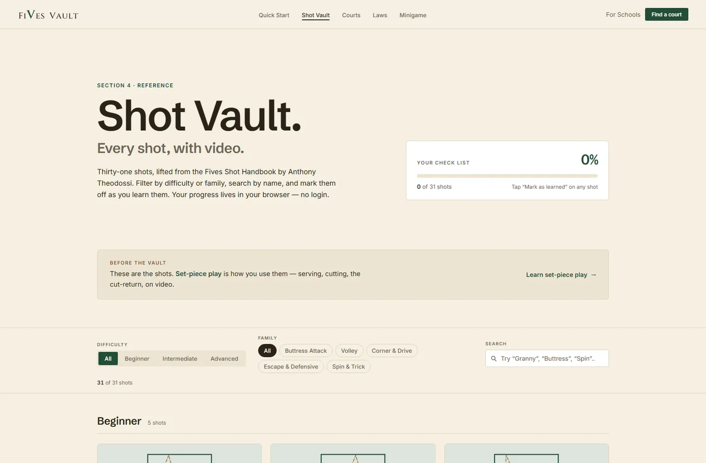 The Fives Vault Shot Vault — a filterable gallery of wall-game shot techniques