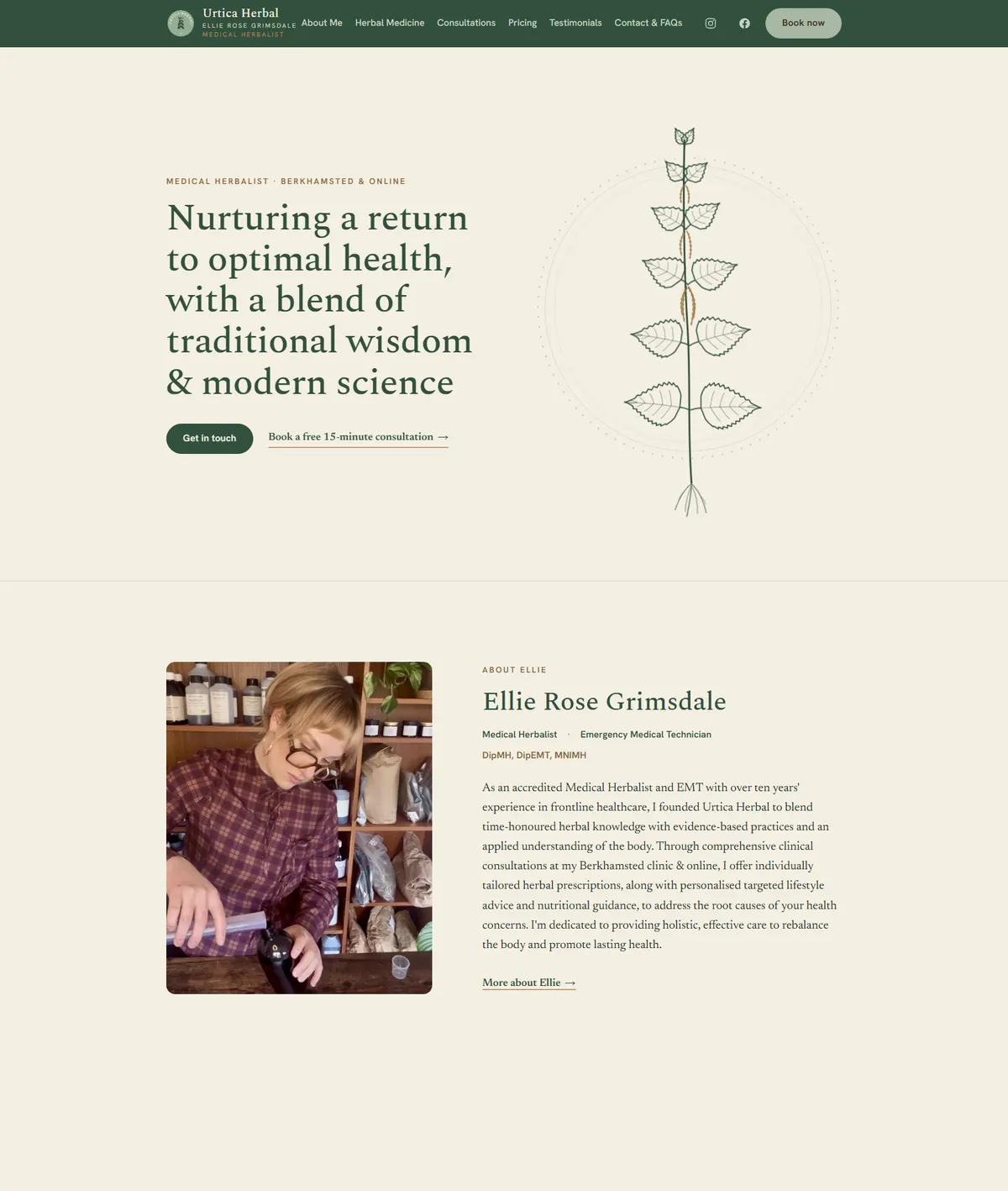 The Urtica Herbal website — a cream and forest-green site for a medical herbalist in Berkhamsted