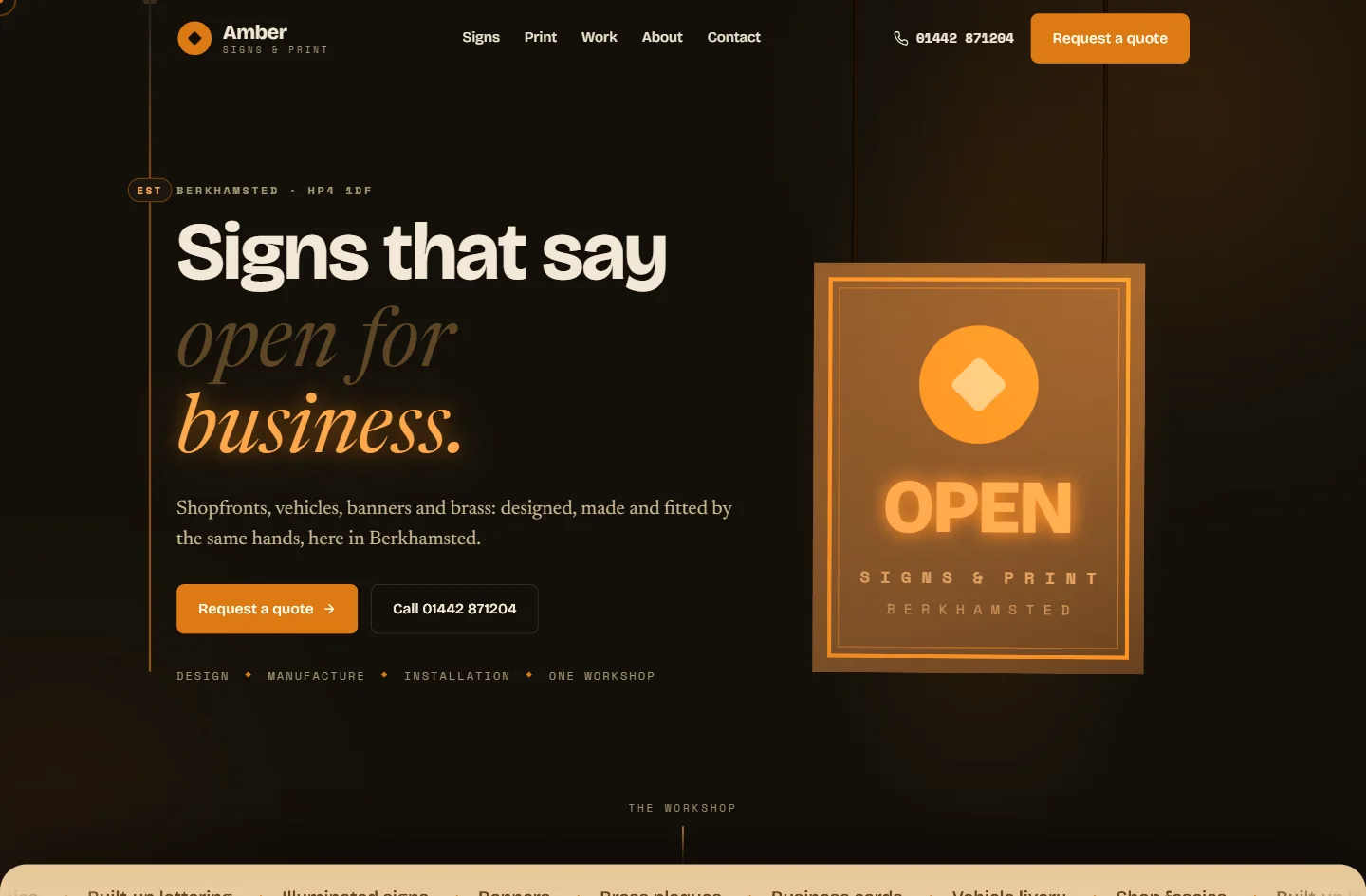 The Amber Signs homepage — a sign-maker's one-page site opening at night with a glowing OPEN sign and a swinging hero sign.