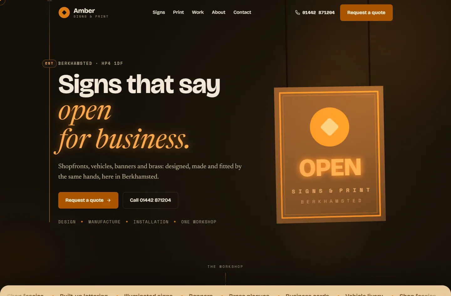 The Amber Signs homepage, a sign-maker's one-page site opening at night with a glowing OPEN sign and a swinging hero sign.