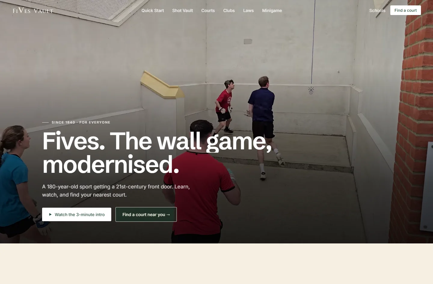 The Fives Vault homepage — a large hero photo of players on a fives court under the headline 'Fives. The wall game, modernised.'