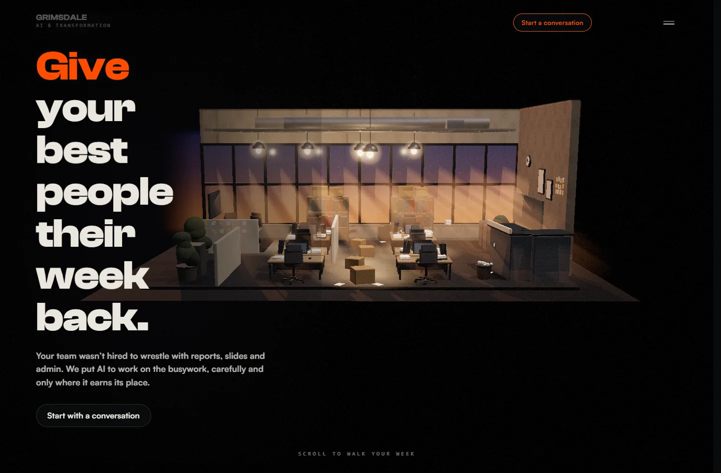 The Grimsdale AI & Transformation homepage, the headline 'Give your best people their week back.' over the line about putting AI to work on the busywork.