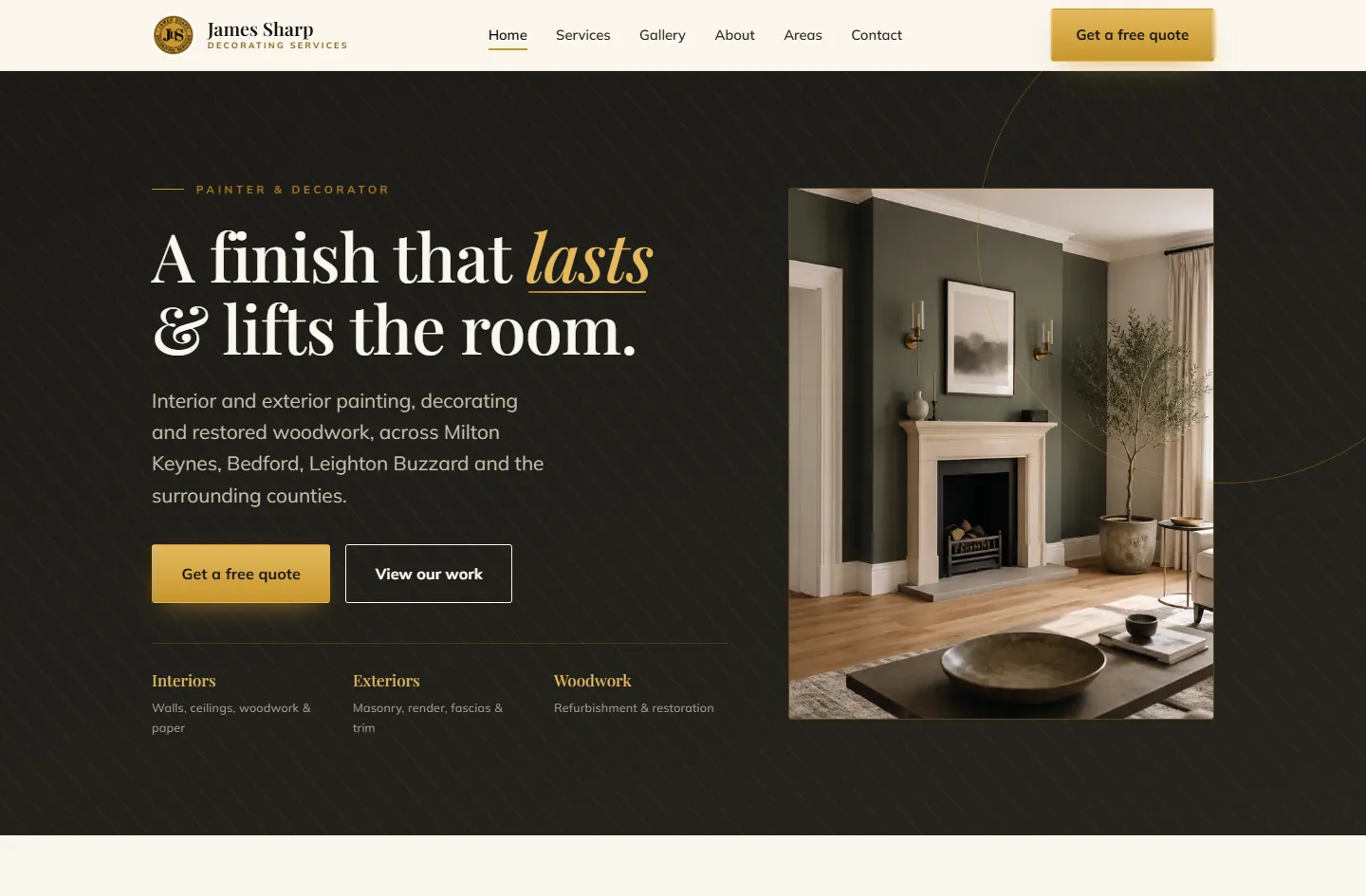 The James Sharp Decorating Services homepage, the headline 'A finish that lasts & lifts the room.' over the painter and decorator's hero, with Interiors, Exteriors and Woodwork beneath it.