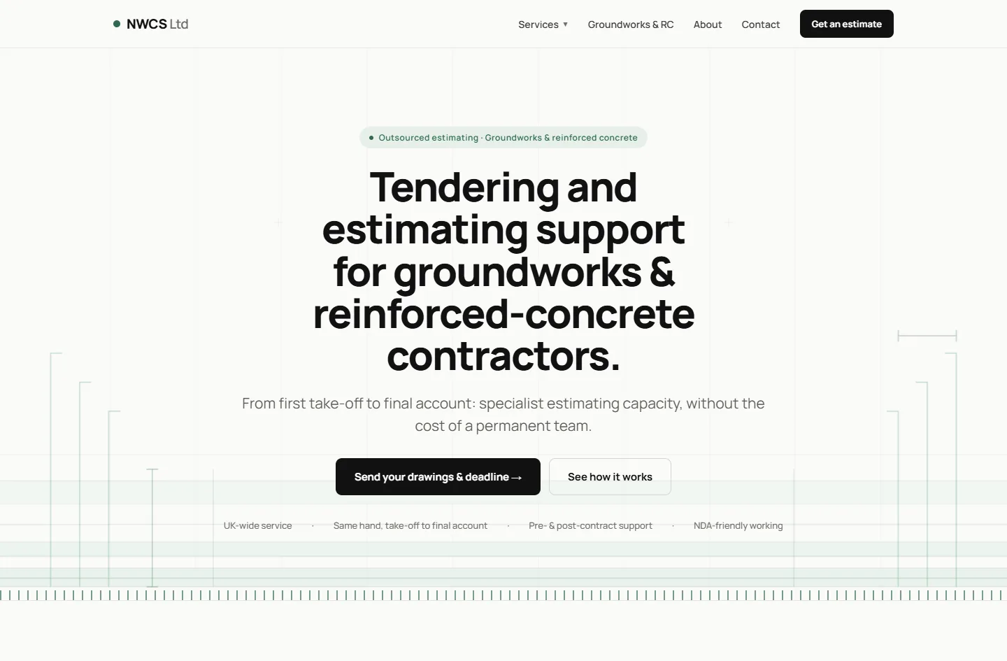The NWCS Ltd homepage, the headline 'Tendering and estimating support for groundworks & reinforced-concrete contractors.' with the line 'From first take-off to final account' beneath it.