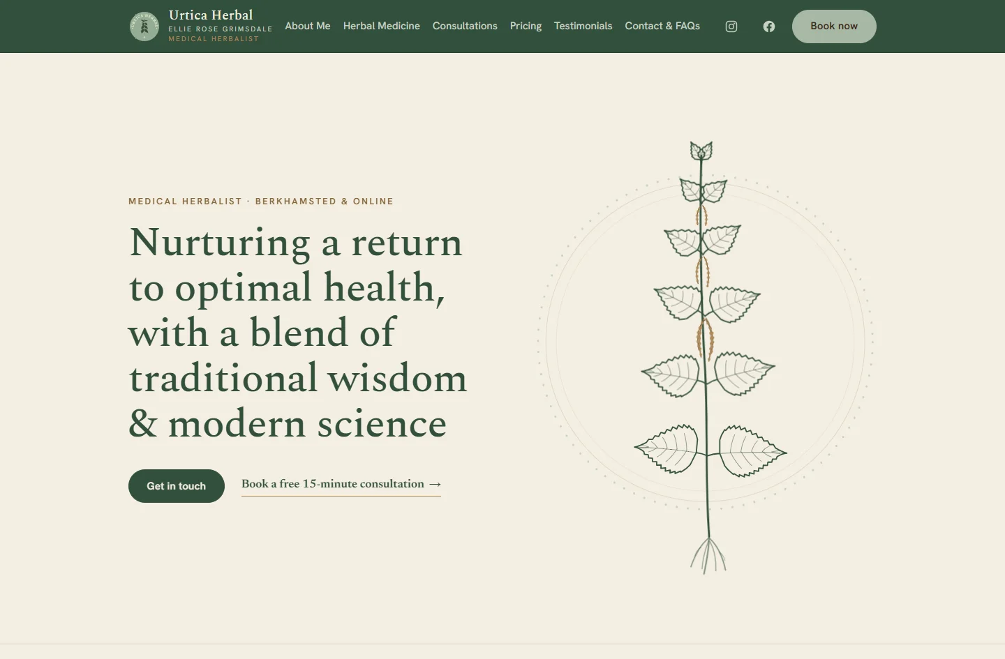 The Urtica Herbal homepage — a calm apothecary layout with a hand-drawn nettle motif.
