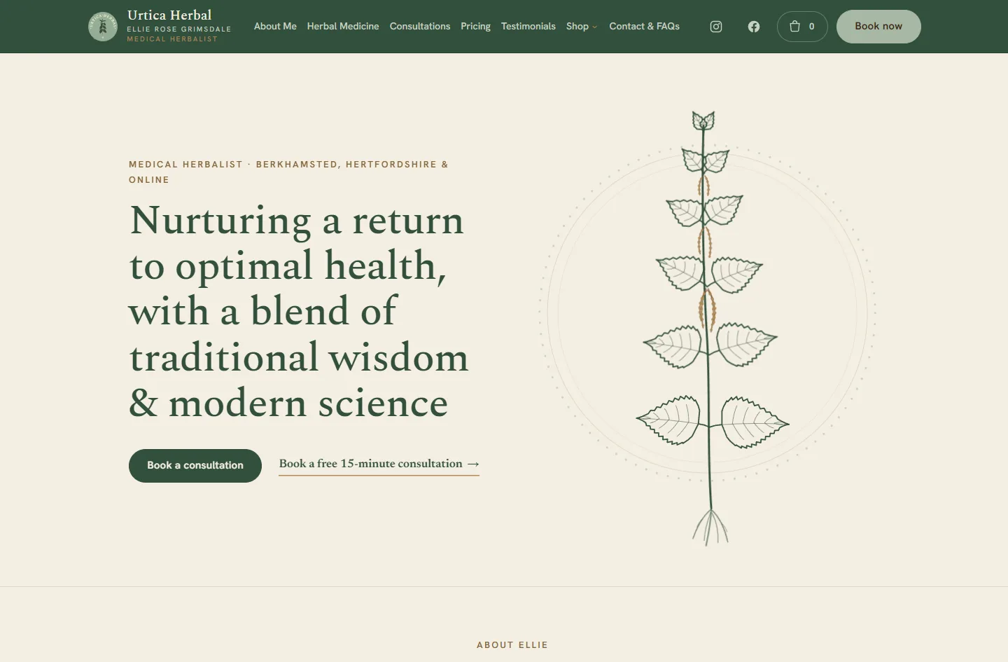 The Urtica Herbal homepage, a calm apothecary layout with a hand-drawn nettle motif.